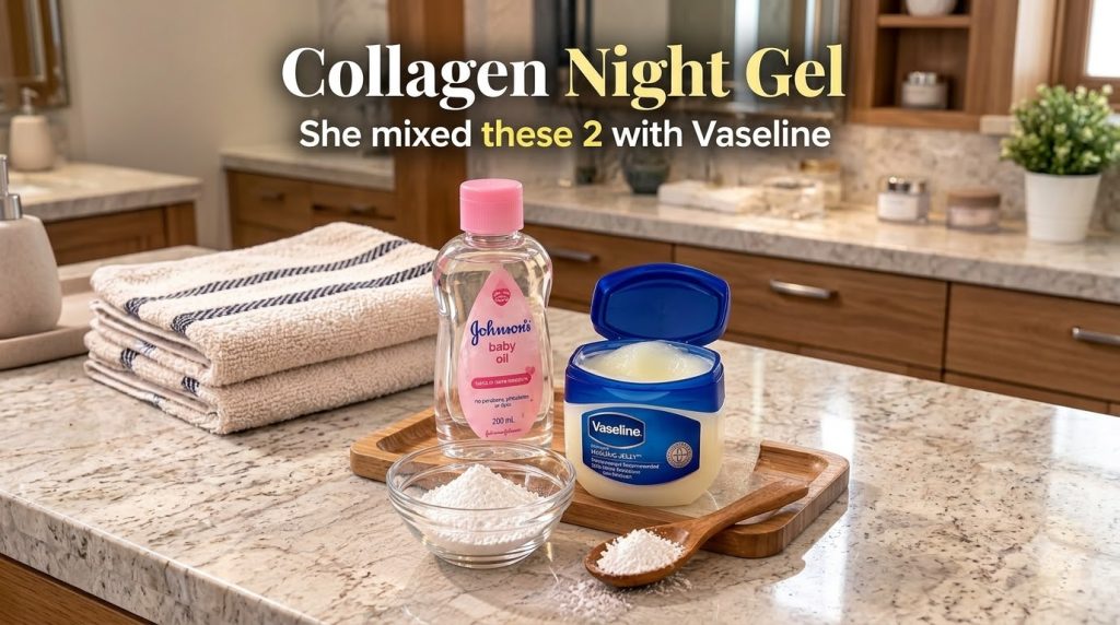 A collection of household products baby oil Vaseline white powder in a bowl on a wooden tray on a speckled countertop wi