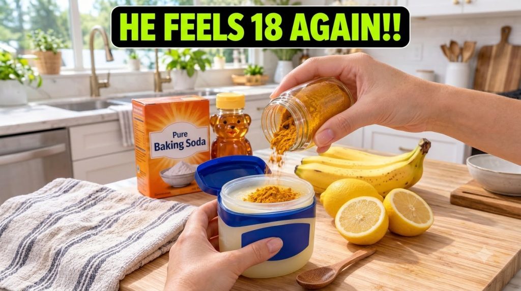 Hands mixing turmeric powder into petroleum jelly in a small bowl on a kitchen counter surrounded by other natural ingre
