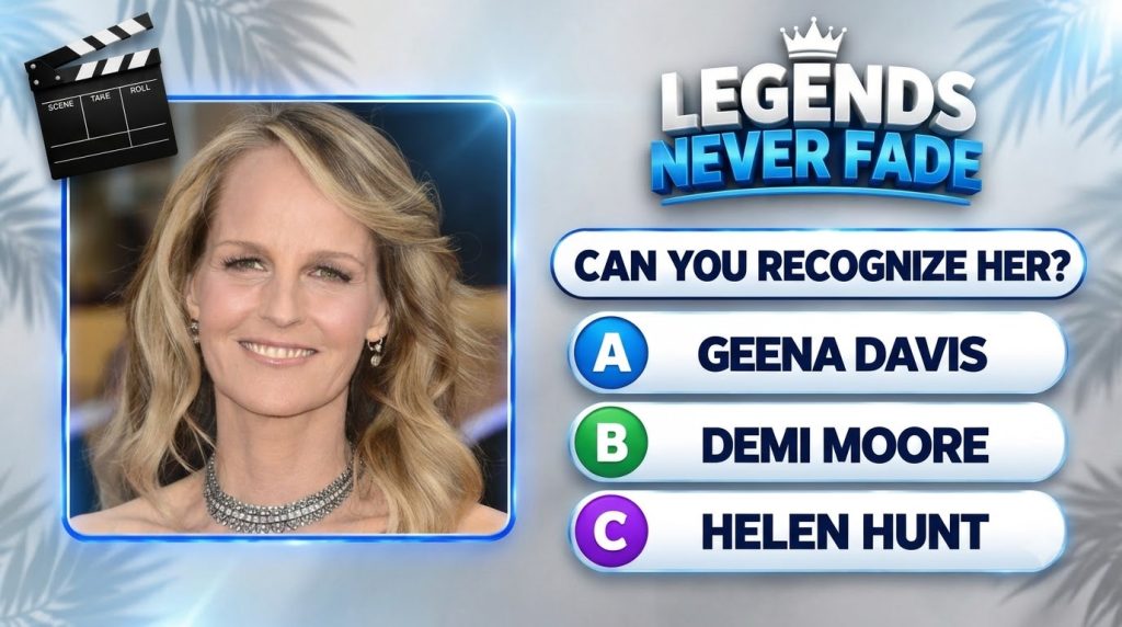 A vertical quiz graphic featuring a central portrait of actress Helen Hunt smiling and wearing a diamond necklace and ea