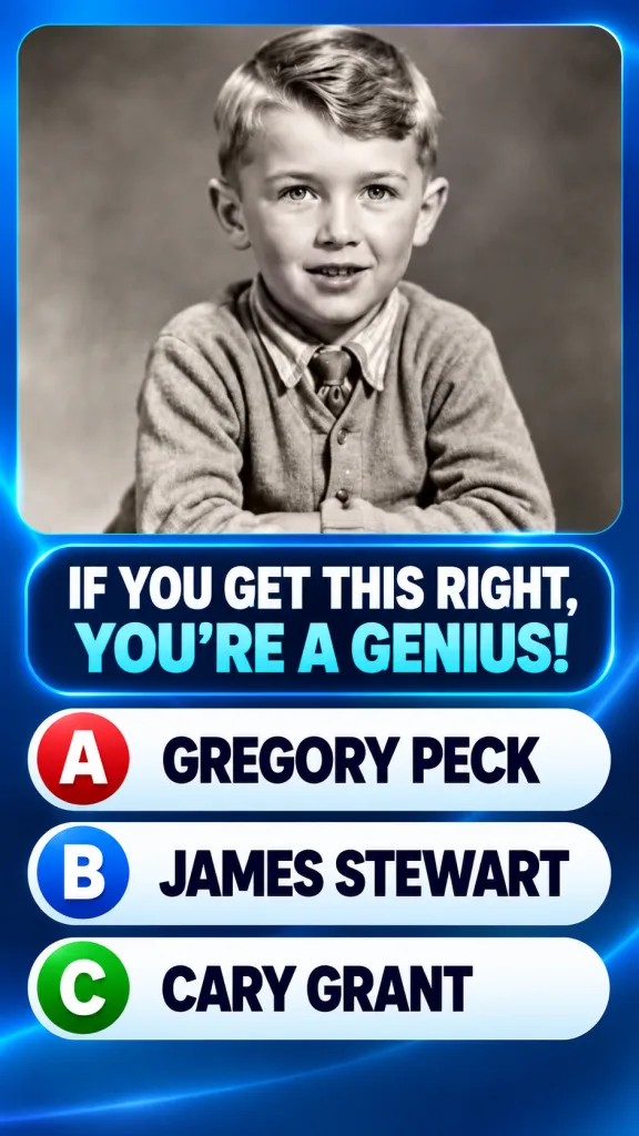 Black and white portrait of a young boy with wavy hair and a sweater vest featured in a quiz graphic asking to identify 