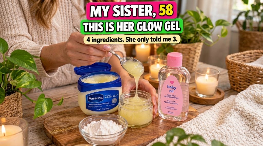 Hands mixing petroleum jelly baby oil and a white powder in a glass bowl with a small jar of the mixed gel nearby on a w