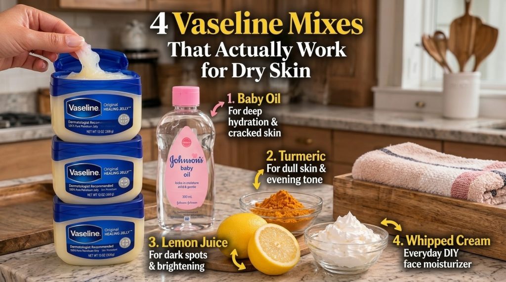 A hand gently scooping Vaseline jelly from an open jar surrounded by a bottle of Johnson s baby oil a bowl of turmeric p