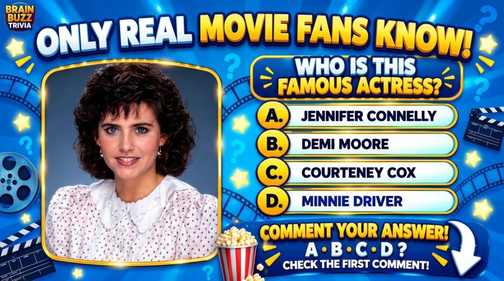 A retro-themed movie trivia quiz poster featuring a young Courteney Cox with an 80s early 90s hairstyle surrounded by fi