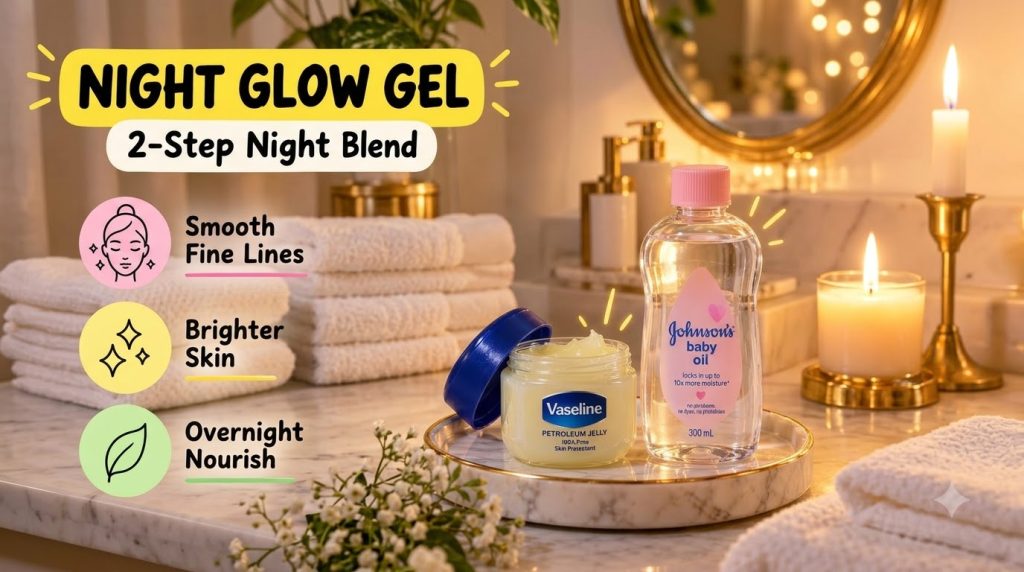 A warm inviting image showing a jar of Vaseline and a bottle of Johnson s Baby Oil on a gold-rimmed white marble tray wi