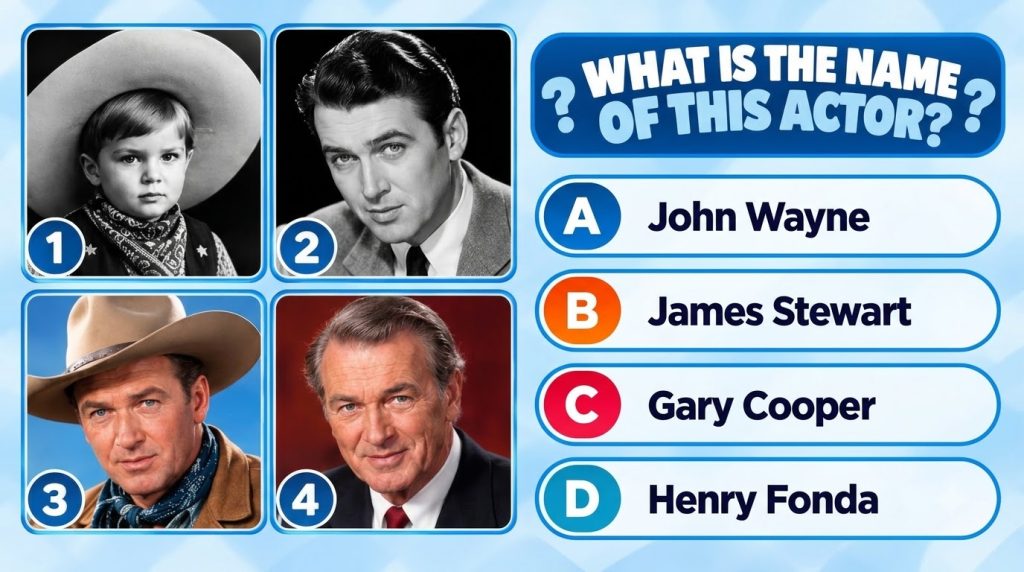 A multiple-choice quiz image asking WHAT IS THE NAME OF THIS ACTOR It shows four portrait frames a young boy in a cowboy