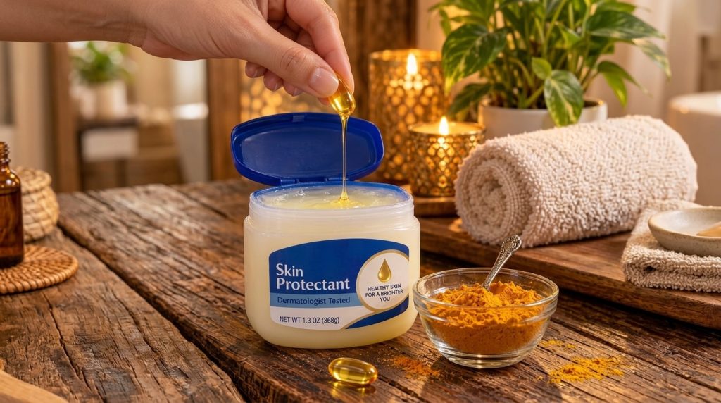 A hand squeezing a Vitamin E capsule into petroleum jelly with turmeric powder in a bowl creating a DIY beauty mixture i