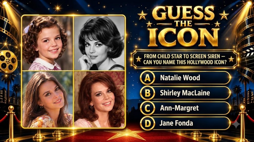 A Guess The Icon quiz grid showing four portraits of Natalie Wood at different ages as a child a young woman in black an