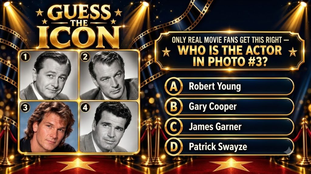 A Guess The Icon quiz graphic with four headshots of famous male actors in a 2x2 grid featuring Patrick Swayze as the su