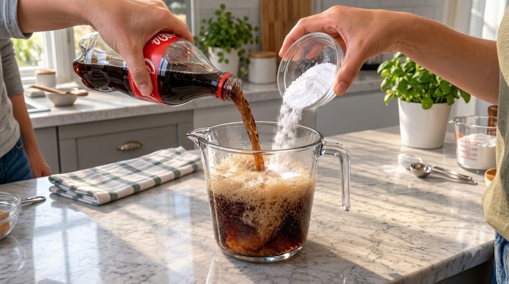 Close-up of hands pouring dark fizzy cola into a measuring jug while simultaneously adding white powdered sugar from a s