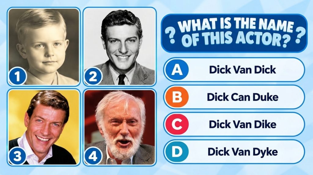 A multi-panel quiz displaying four portraits of actor Tom Hanks at different ages from childhood to old age with the que