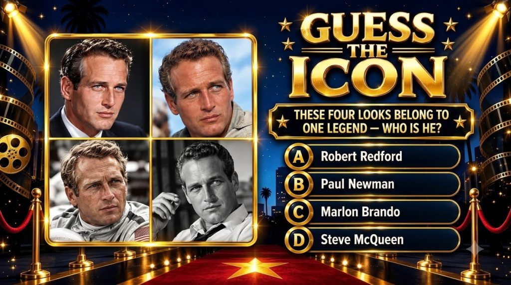 A quiz poster featuring four portraits of Paul Newman with a dark cinematic theme golden text GUESS THE ICON and various