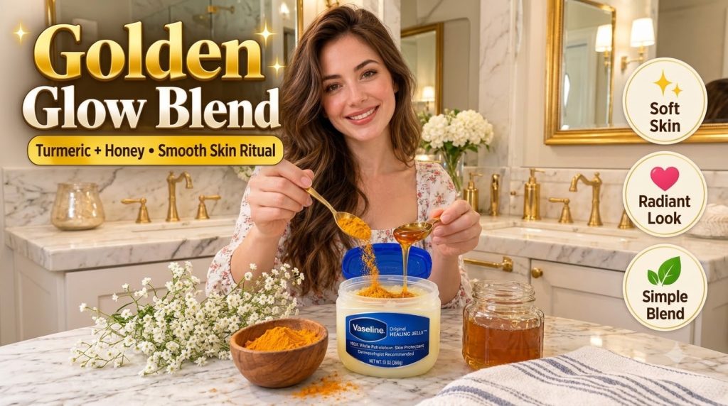 A smiling woman in a bathroom demonstrates mixing turmeric and honey into a jar of petroleum jelly emphasizing a natural