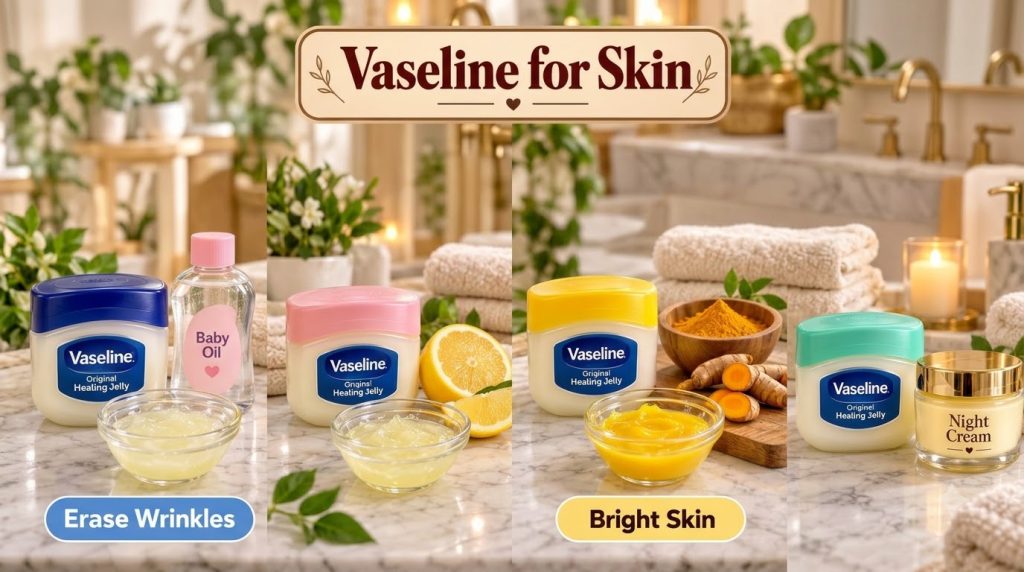 A grid of four distinct DIY Vaseline beauty mixes for skincare featuring ingredients like Vitamin E oil aloe vera gel al