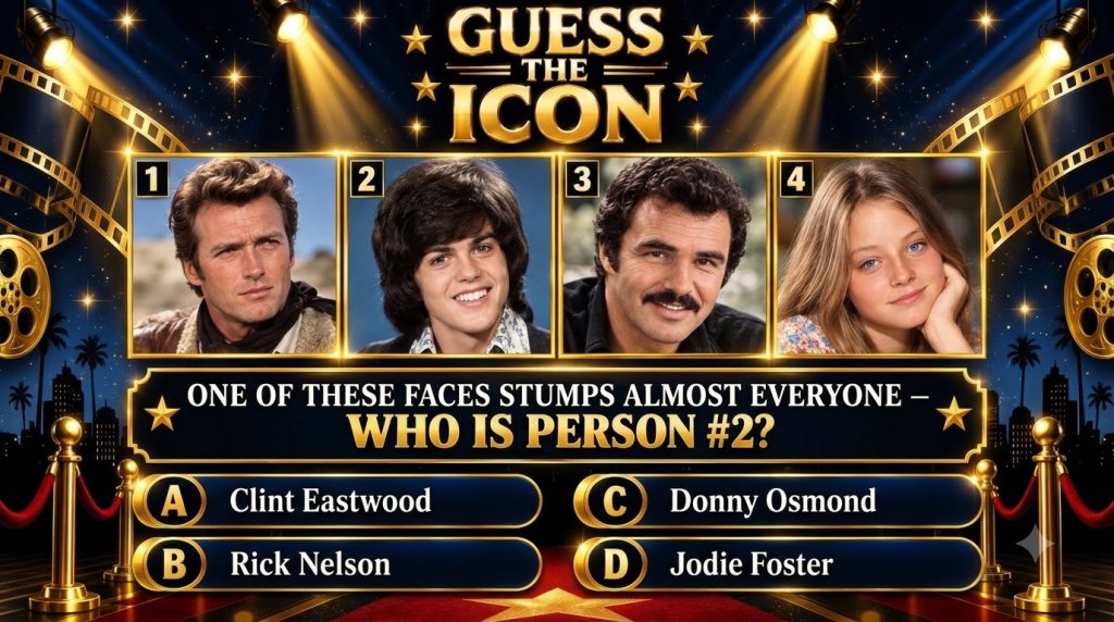A Guess the Icon quiz graphic featuring four square portraits of classic celebrities Clint Eastwood a young Donny Osmond