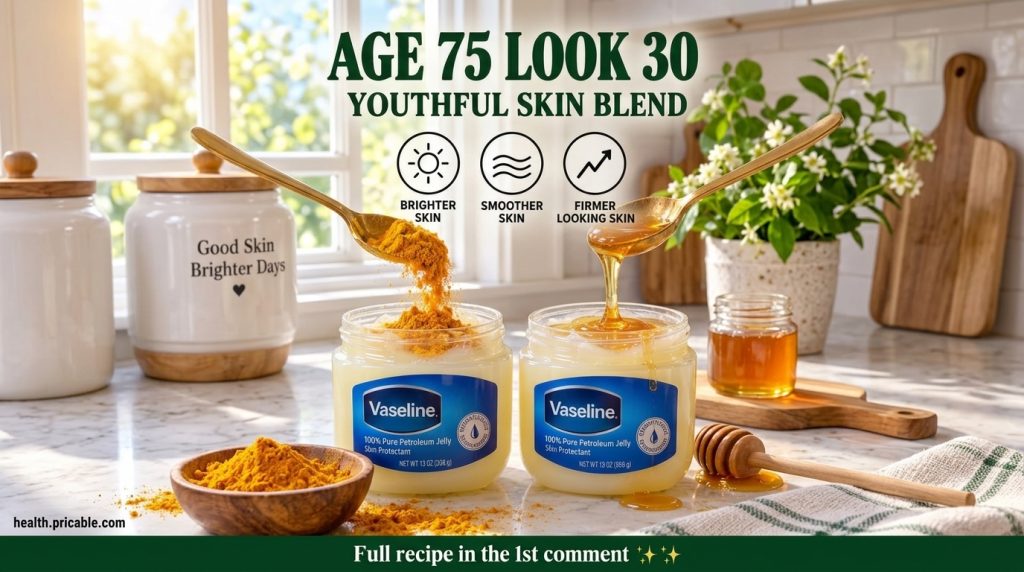 A bright countertop scene with two open jars of Vaseline one with a spoon pouring turmeric powder into it and another wi