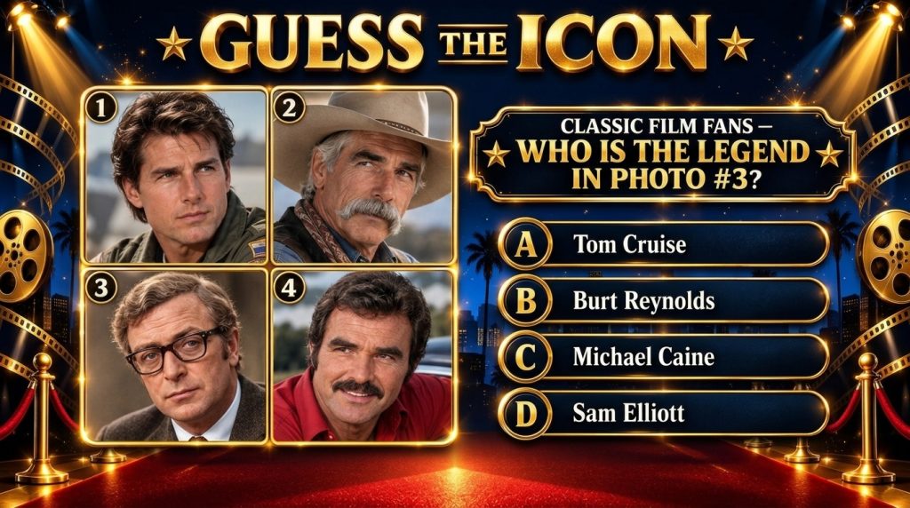 A vibrant Hollywood-themed movie trivia game screen with the title GUESS THE ICON Four celebrity portraits Tom Cruise Sa