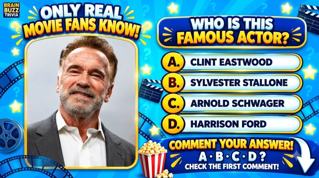 A vibrant vertical movie trivia quiz poster featuring Arnold Schwarzenegger s headshot in a yellow frame with decorative