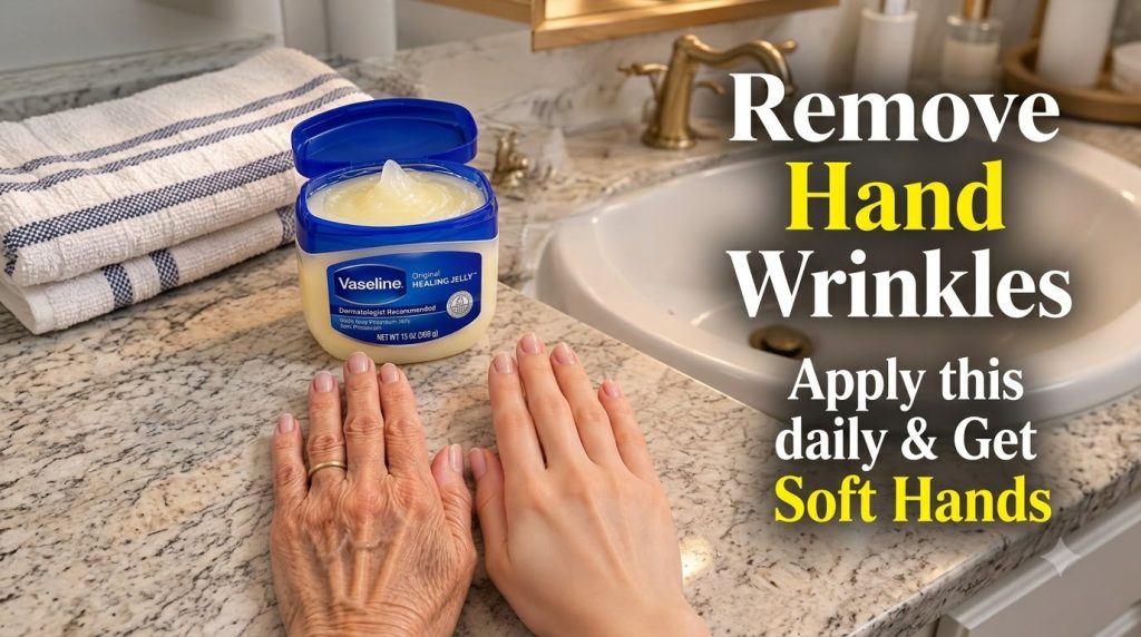 An open tub of Vaseline Original Healing Jelly on a speckled countertop with two hands below it One hand is visibly olde