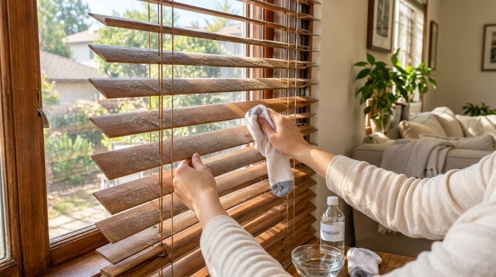 Close-up of hands cleaning dusty wooden window blinds with a white sock One hand holds a slat the other covered with a s
