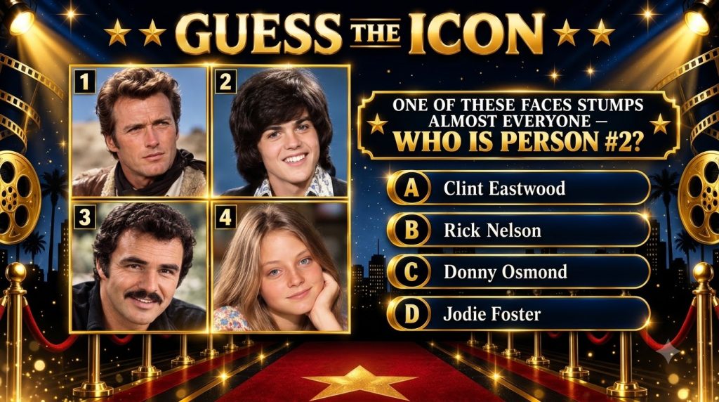A movie trivia game poster titled Guess The Icon featuring framed portraits of young Clint Eastwood Donny Osmond Burt Re