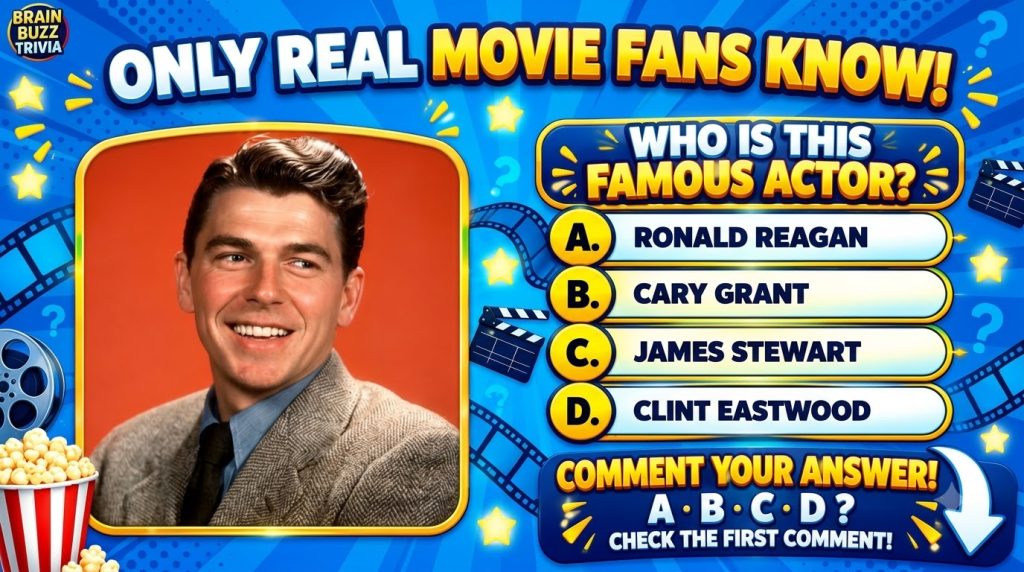 A vibrant retro-themed movie trivia quiz featuring a portrait of a smiling young Ronald Reagan framed by film reels star
