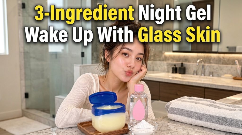 A young woman with flawless glass skin gently touching her face while in the foreground on a marble counter an open tub 
