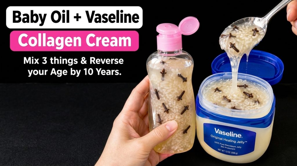 A hand holding an open bottle of Johnson s Baby Oil mixed with cloves and a granular substance next to an open jar conta