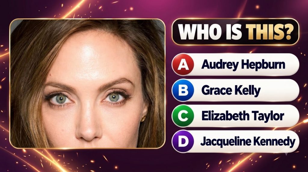 A trivia quiz screen showing a close-up of a woman s light green eyes and brown hair framed by a golden border with a go