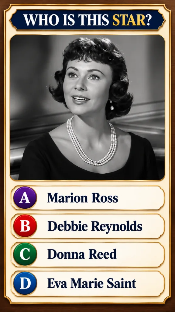 Black and white portrait of a smiling woman with short curly hair and pearl jewelry framed by a WHO IS THIS STAR quiz ba
