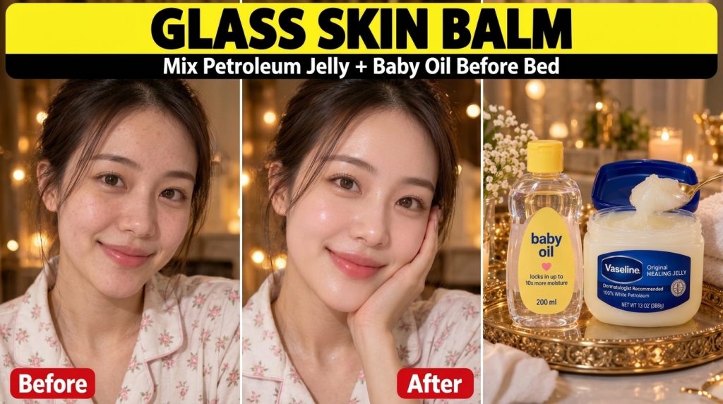 A vertical collage demonstrating the Glass Skin Balm hack The top shows a Before After comparison of a young woman with