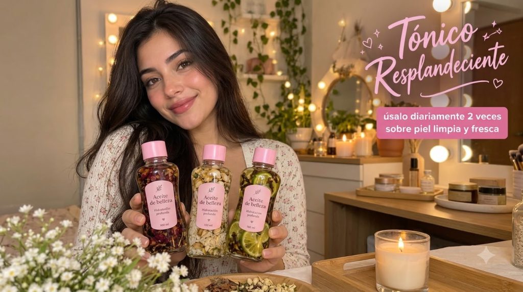 Joven sonriendo sosteniendo tres botellas de aceite de bebé infusionado con ingredientes naturales como botánicos lima y