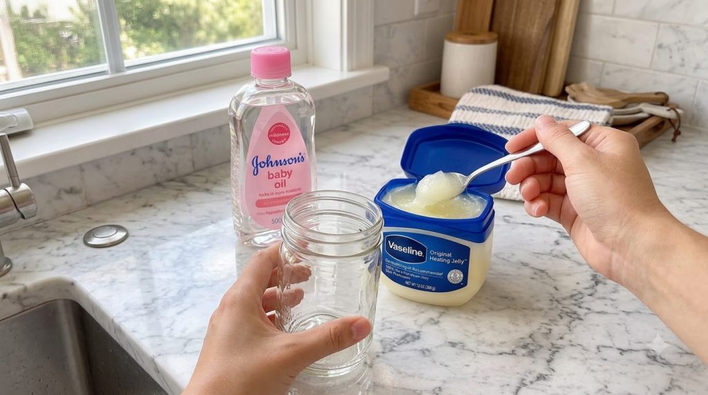 A hand holding an empty glass mason jar on a white marble countertop with a bottle of Johnson s baby oil and an open jar