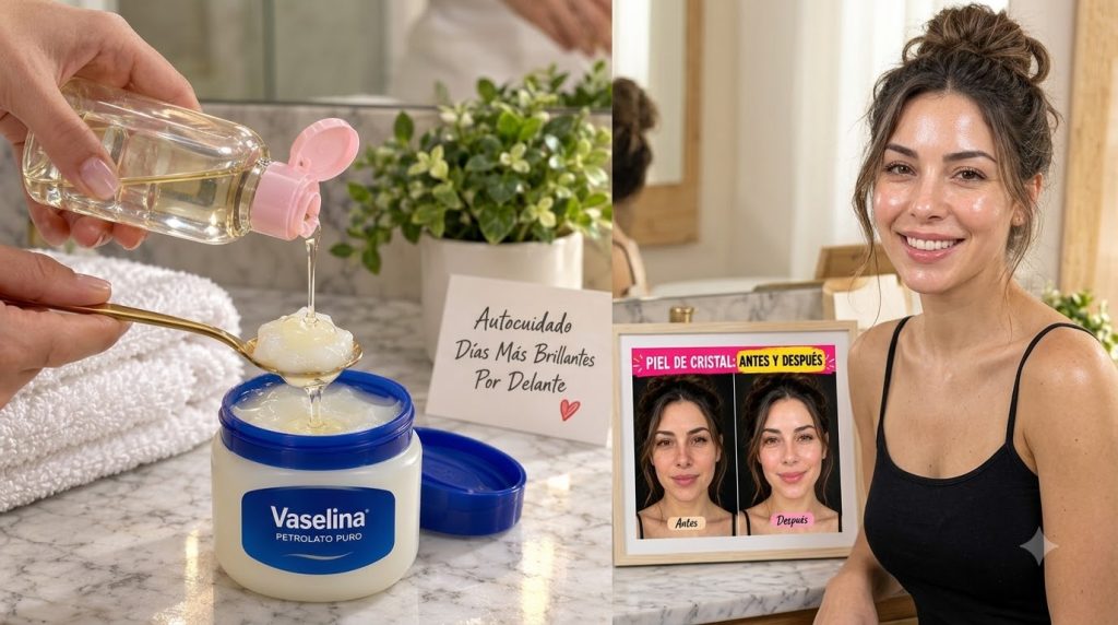 A hand pouring Johnson s baby oil into an open jar of Vaseline Original Petroleum Jelly A golden spoon holds a scoop of 