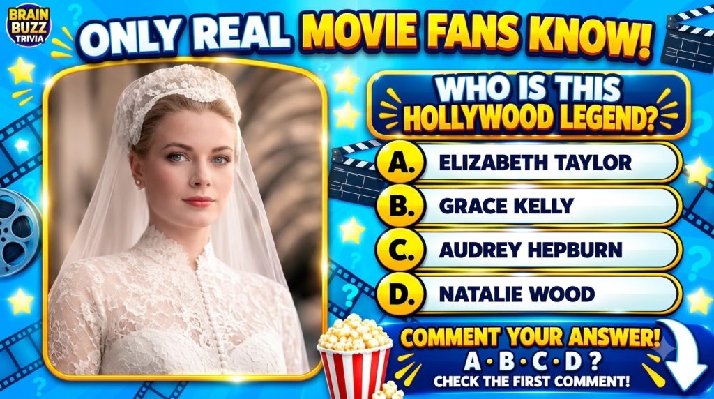A vibrant trivia quiz poster featuring a central portrait of Grace Kelly in a wedding dress and veil framed within a gol