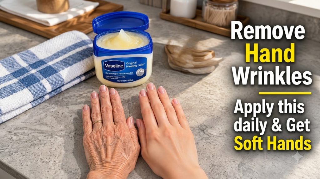 An open tub of Vaseline Healing Jelly with an older wrinkled hand on one side and a younger smoother hand on the other b