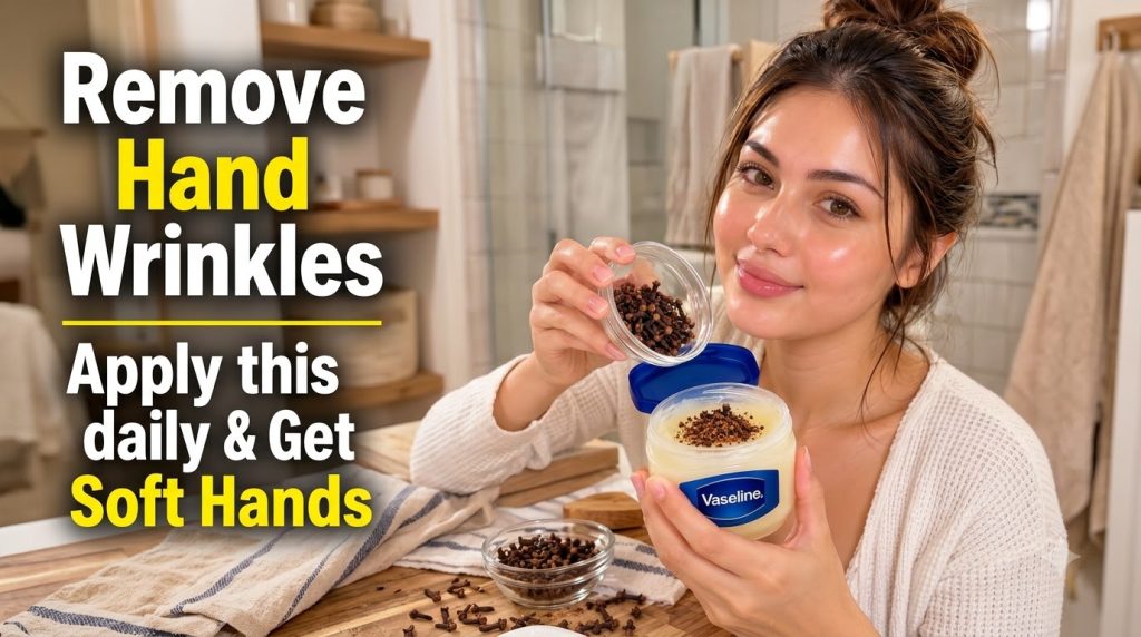 A smiling woman holds a jar of Vaseline mixed with whole cloves with a small glass bowl of cloves nearby Her hands are p