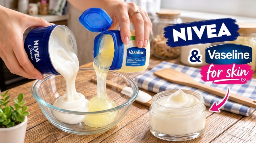 Two hands are pouring Nivea Creme and Vaseline Petroleum Jelly into a glass bowl Below a small glass jar holds the smoot