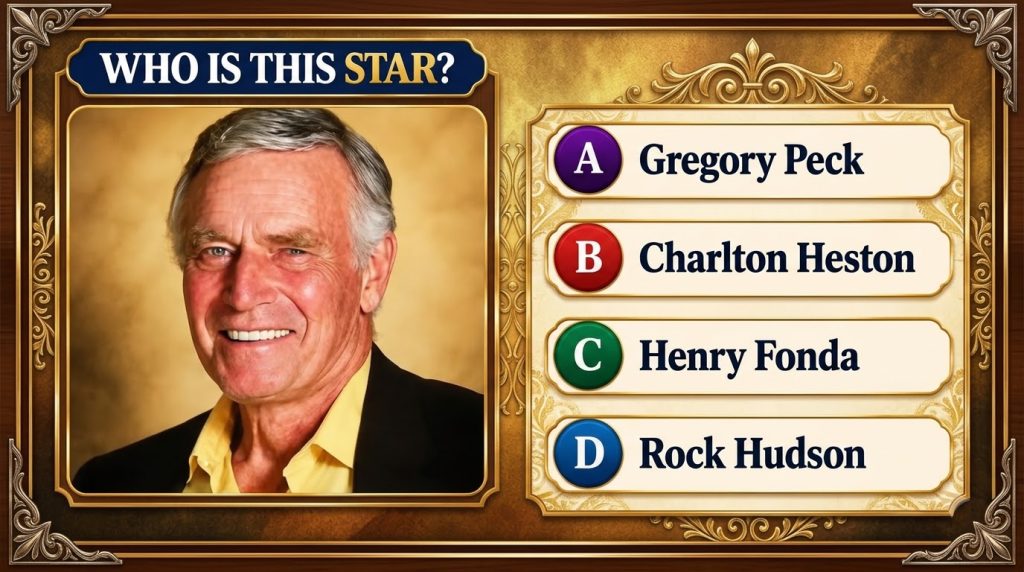 A quiz card featuring a smiling older man in a portrait against a warm golden background Above the portrait is the quest