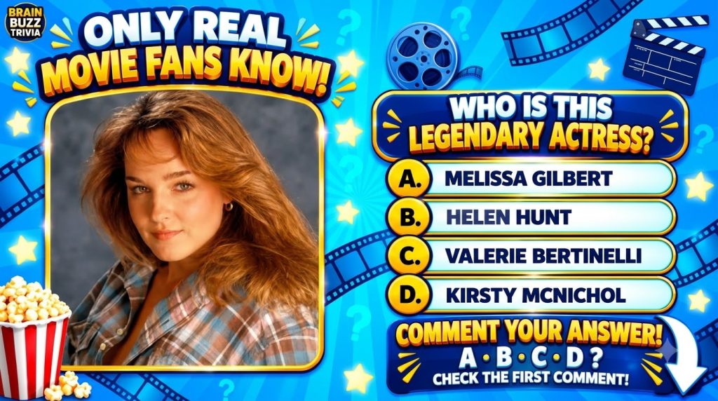 A vibrant movie trivia game poster featuring a framed portrait of actress Helen Hunt in the upper half The background ha