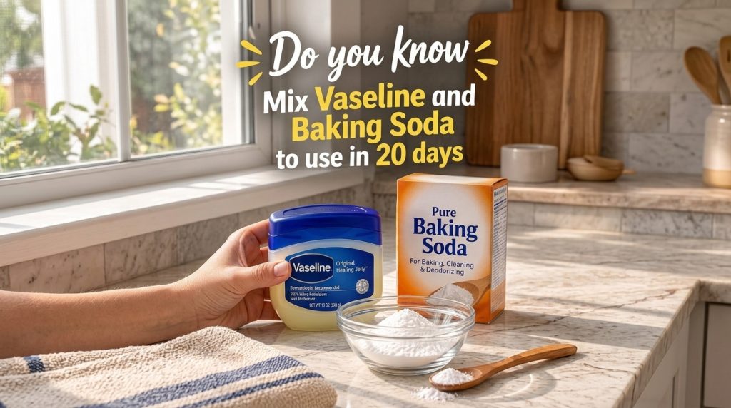 A hand holding a jar of Vaseline next to a box of baking soda and a glass bowl with baking soda on a clean kitchen count