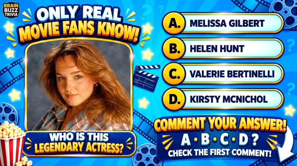A vibrant movie trivia quiz layout with a central framed portrait of a woman an actress from a previous era with a multi