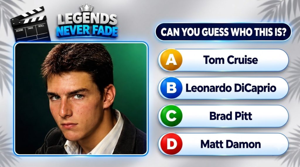 A quiz game interface featuring a framed portrait of a young Tom Cruise with a serious expression a bright blue glowing 