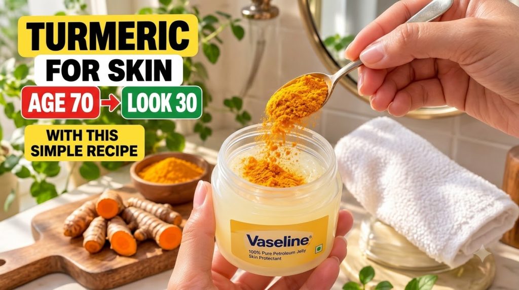 Hands mixing bright yellow turmeric powder into an open jar of Vaseline petroleum jelly with fresh turmeric roots and gr