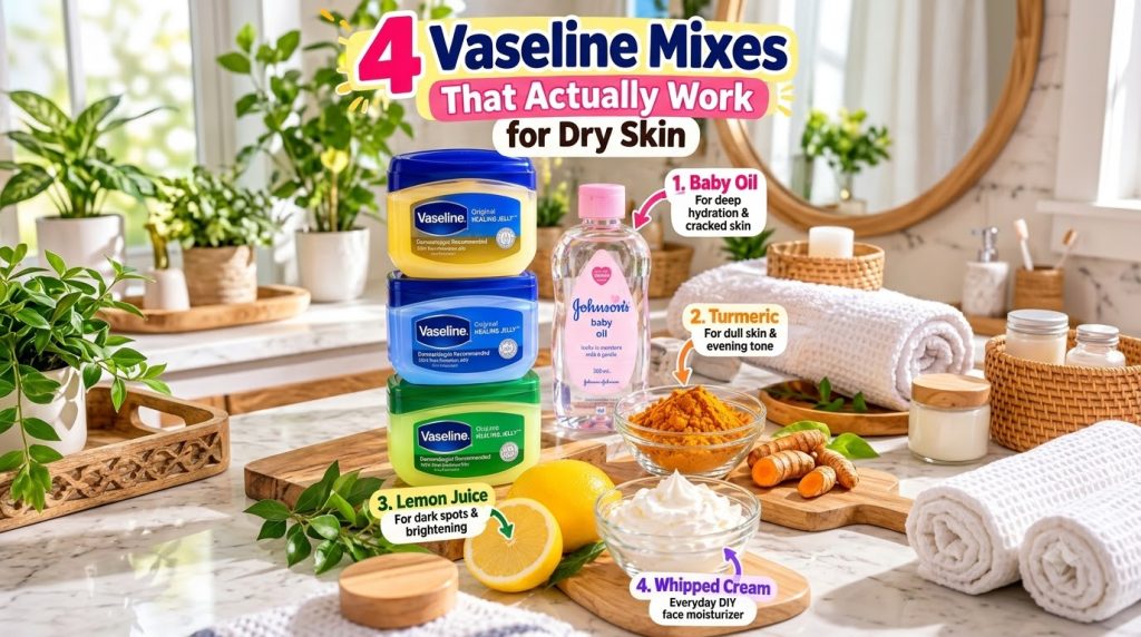 A brightly lit flat lay of skincare ingredients on a light marble and wood surface There are three stacked Vaseline jars
