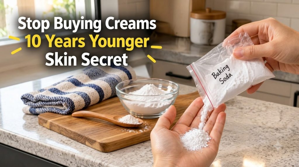A person s hand pouring white baking soda from a plastic bag into their open palm with a glass bowl of baking soda and a