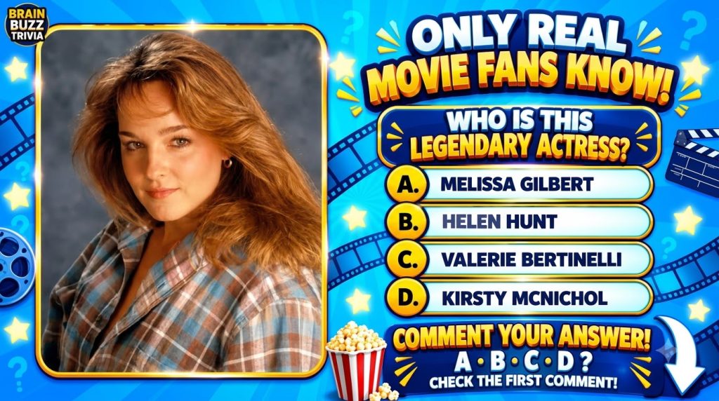 A movie trivia game graphic featuring a headshot of a female actress surrounded by film strips a film reel stars and que
