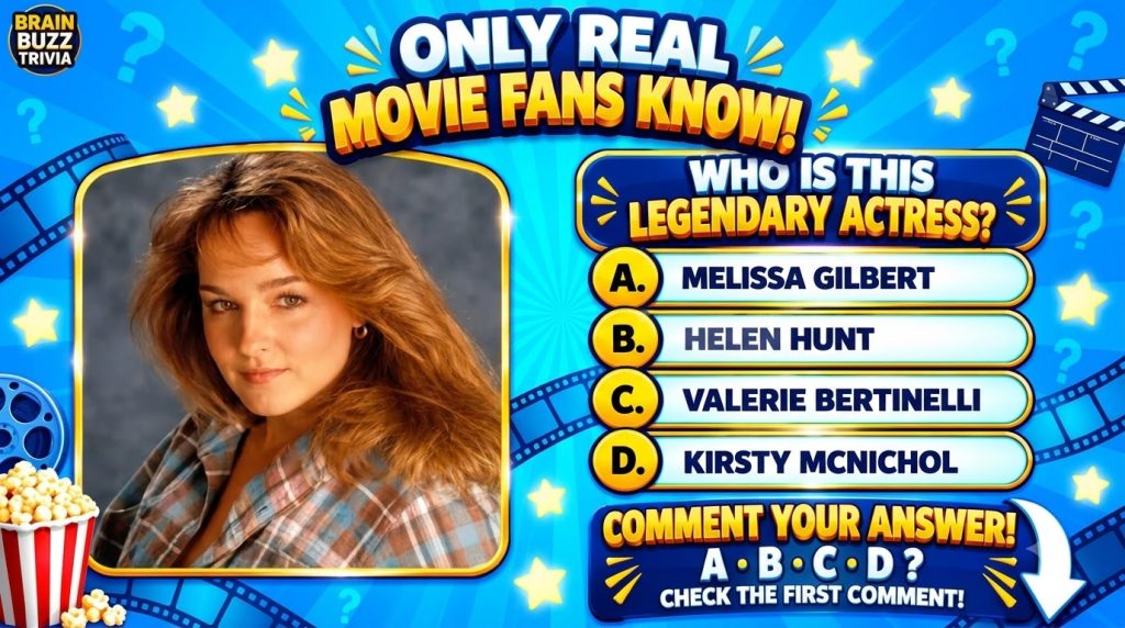 A quiz graphic asking to identify a legendary actress featuring a portrait of Helen Hunt The background is vibrant blue 