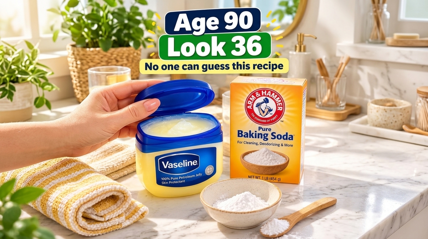 An open jar of Vaseline petroleum jelly next to a box of Arm Hammer Baking Soda with a small bowl of baking soda and a w