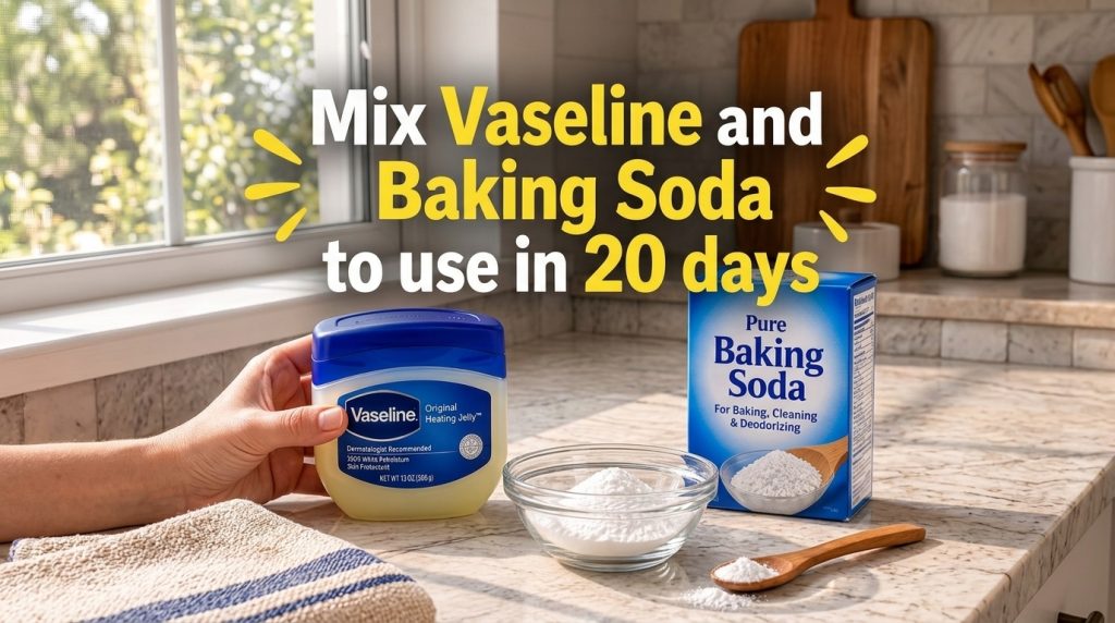 A hand holding a tub of Vaseline Original Healing Jelly next to a box of Pure Baking Soda a glass bowl of baking soda an