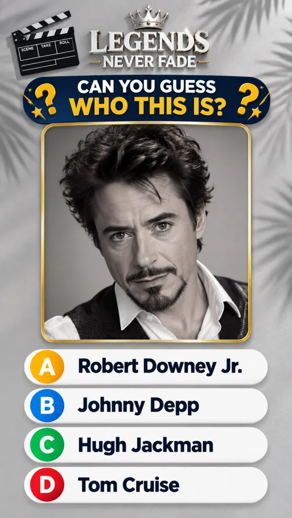 A black and white portrait of Robert Downey Jr centrally placed within a golden frame Above the portrait a film clapperb